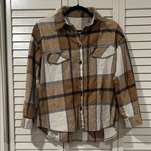 SHEIN Tan & Cream Plaid Button-Down Shacket Size XS